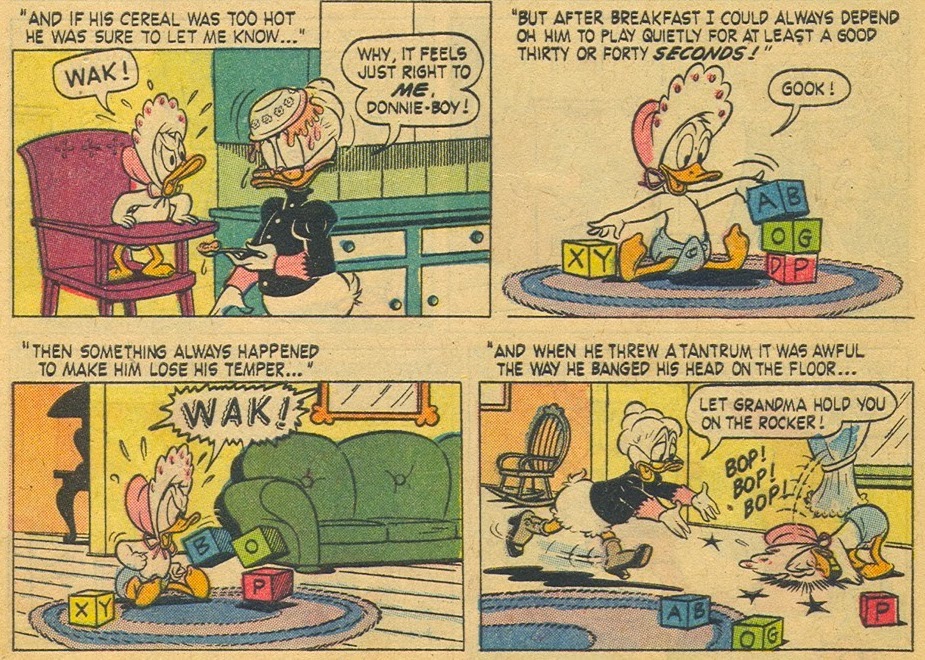 An example of the use of captions in the comic book adaptation of This Is Your Life, Donald Duck