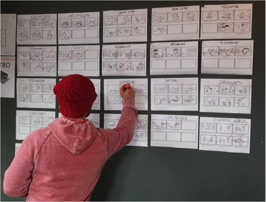 Dan Richards, director of the Lego-based short, marking up progress on the central storyboard.