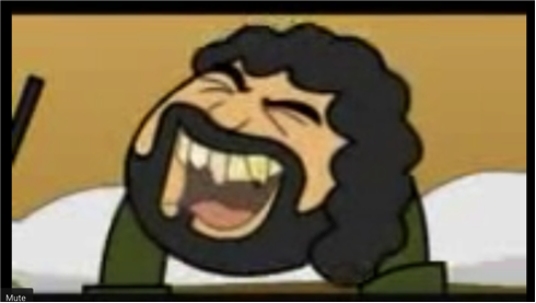 Figure 7: A still from the internet advertisement for Orbit chewing gum, 2011. The tip of Gabbar’s gun is visible in the corner of the frame, as he breaks into evil laughter