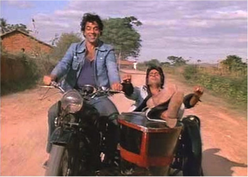 Figure 1: A still from Sholay (1975) with Veeru and Jai on a motorbike and sidecar