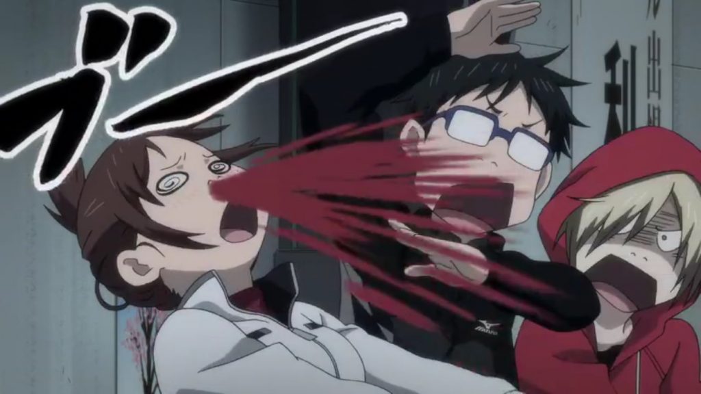 A female character in Yuri!! On Ice gets a nose bleed.