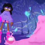 Still from Lesbian Space Princess (2025). Courtesy of Salzgeber. In a distorted, fish-eye like setting from a low angle the protagonist, Princess Saira, turned to the camera, stands in the center of the frame in a deep cave, surrounded by glowing blue crystals and lilac rock layers and stalactites. Her skin is dark brown; she has long black hair with short bangs held by a small golden crownshaped hairclip on the side and wears a lavender oversized sweater reading “SEXY BITCH” in bold letters, paired with a short pink skirt and large pink platform boots. In her right hand she holds a large crystal in a light-blue to pink gradient. Desperately she looks at her left foot, that’s caught in a gooey pink slime that reaches its tentacles up towards her and takes over right foreground of the image. A purple tint is on the entire frame, affecting line-art and shadows, as well.