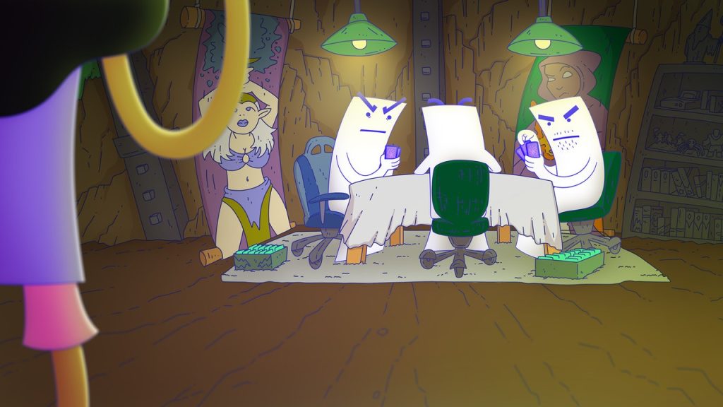 Still from Lesbian Space Princess (2025). Courtesy of Salzgeber. 
A dimly lit dirt-rimmed cave in muted browns is held up by steel-beams, creating a dome-like interior setting . At the center background, three white, rectangular, paper-strip-like figures (the “straight-white-Malians”) are seated around a table lit by two green hanging lamps. The blue line-art forms their angular eyebrows, their mouths a flat line and small and dot-like eyes, conveying irritation or concentration. Each sits on a mismatched office chair around a table almost entirely covered with a grey, ragged tablecloth atop a grey-greenish rug. To their left and right, large posters are displayed. The one on the left is a scarcely dressed pale-skinned elf in gold and lilac armor, the one on the right is a dark-skinned mage-looking person, with a greyish purple cloak. On the far right side a shelf filled with files, books and figurines fades into shadow. The numerous texture-indicating lines on almost all objects resemble a ragged basement gamer cave. In the left foreground we see a partially cropped Saira standing with her back to the viewer, seemingly looking at the Malians.